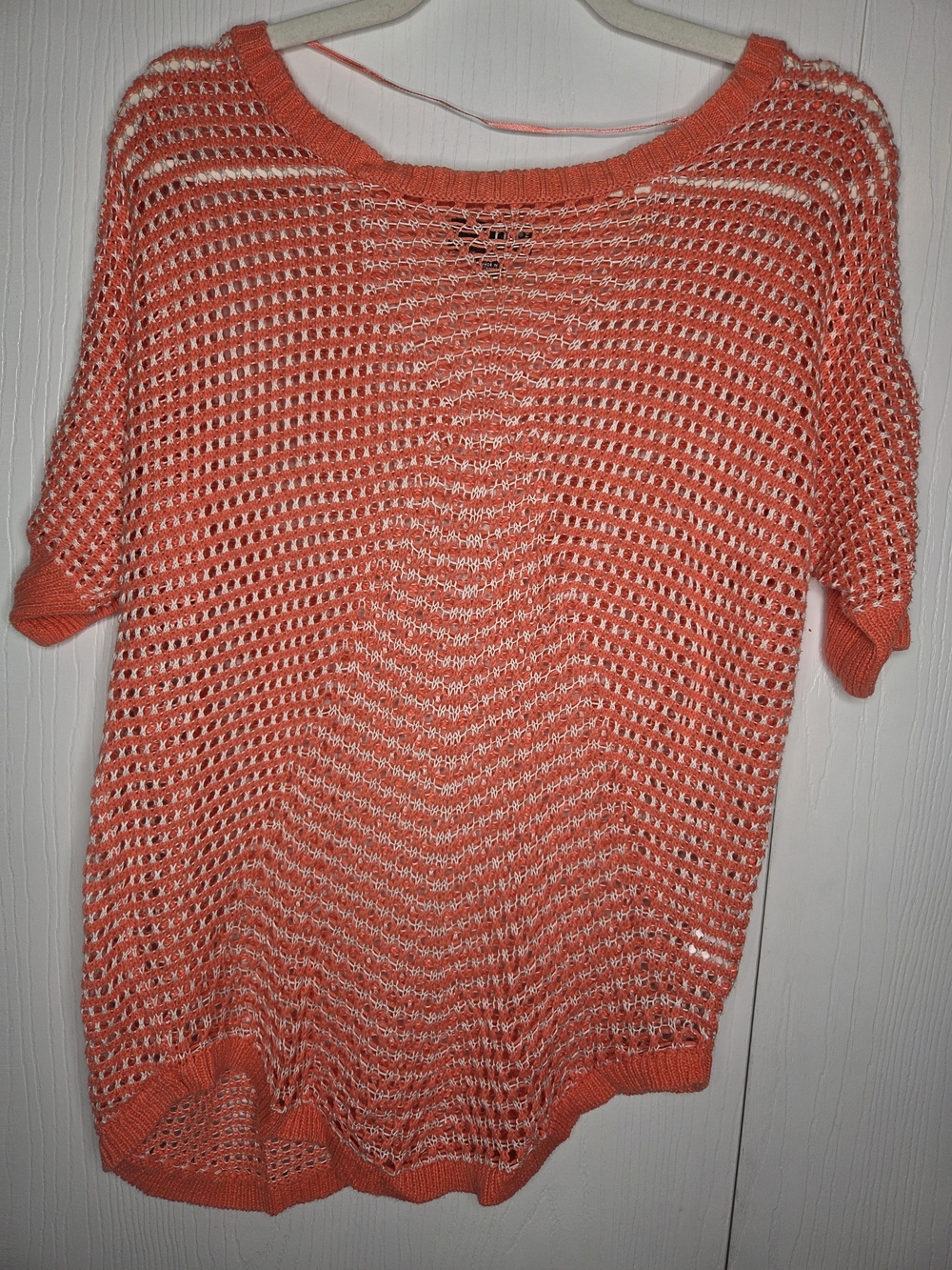 a.n.a Coral-Orange Open Knit Scoop Neck Crochet Short Sleeve Sweater-Petite S